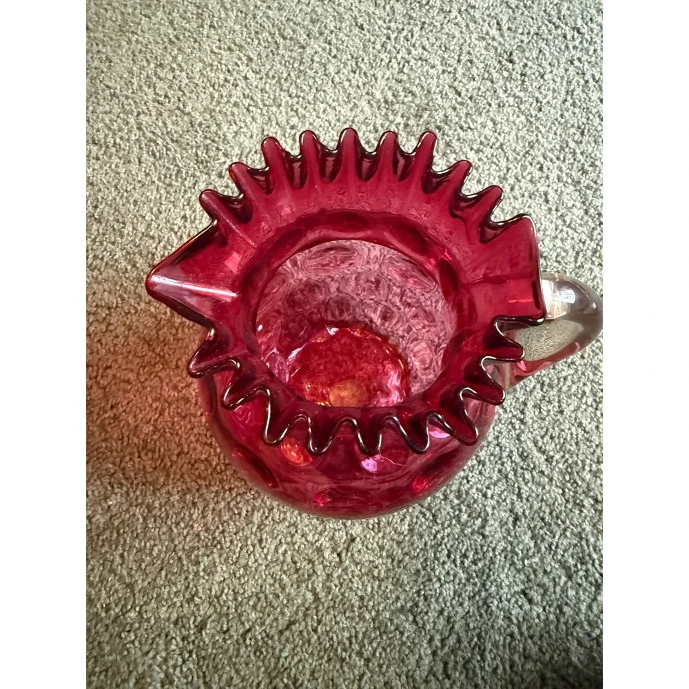 Fenton Cranberry Glass Pitcher Thumbprint Coin Dot Ruffled Rim Clear Handle